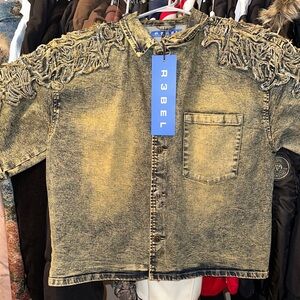 Rebels Distressed Denim Shirt Jacket - Blue and Tan
